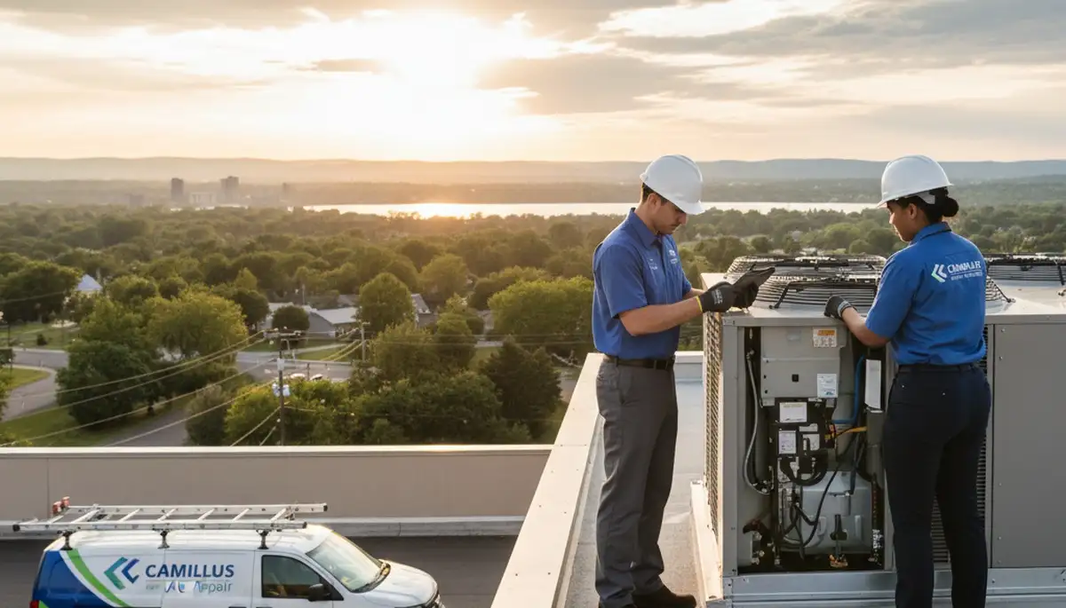 Professional AC repair technician servicing air conditioner in Syracuse, NY