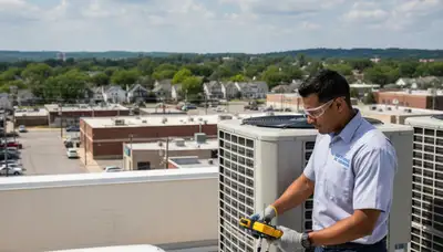 Professional AC repair technician servicing air conditioner unit in Syracuse NY home