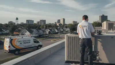 Professional AC repair technician servicing air conditioner in Syracuse NY home