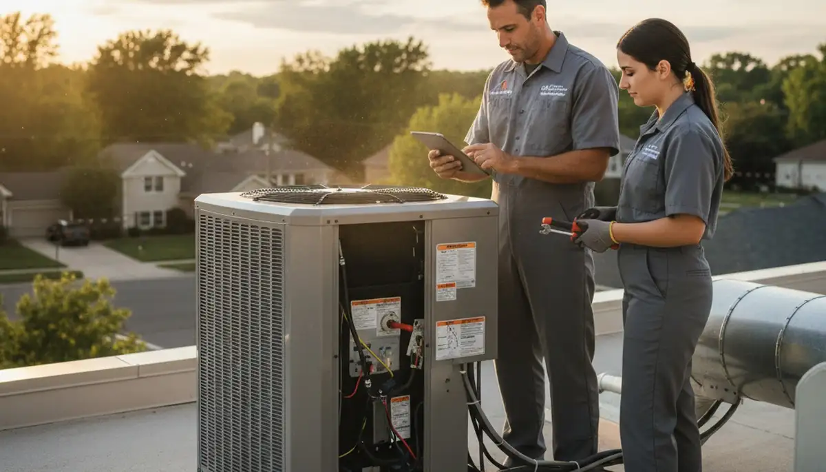 Professional AC repair technician servicing air conditioner unit in Syracuse, NY