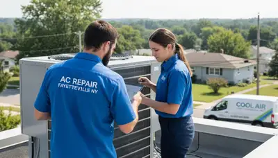 Professional AC repair technician servicing home unit in Syracuse NY