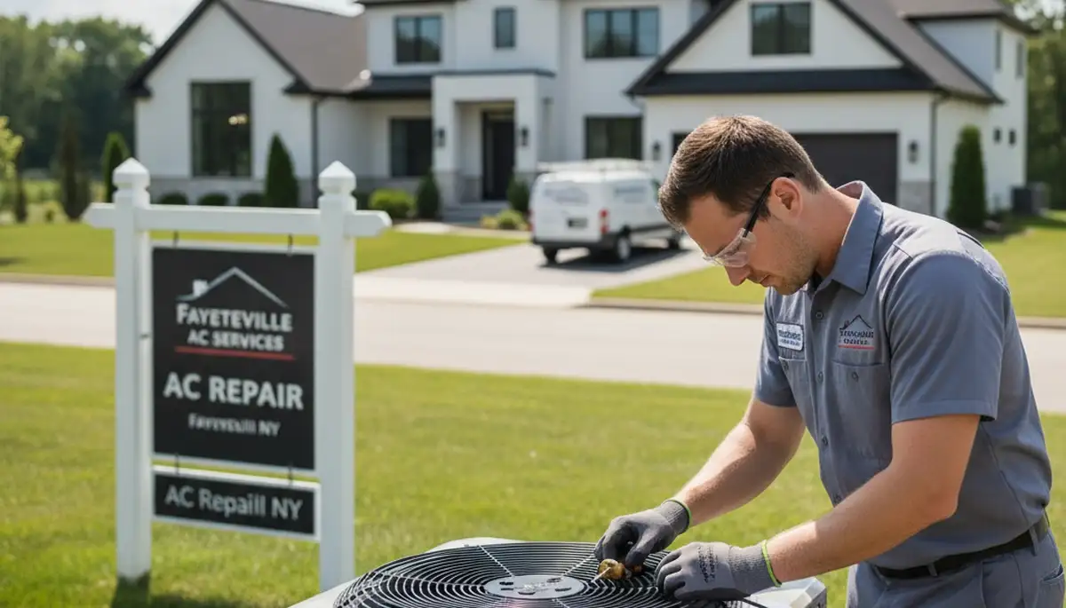 HVAC technician performing air conditioner repair service in Syracuse NY home