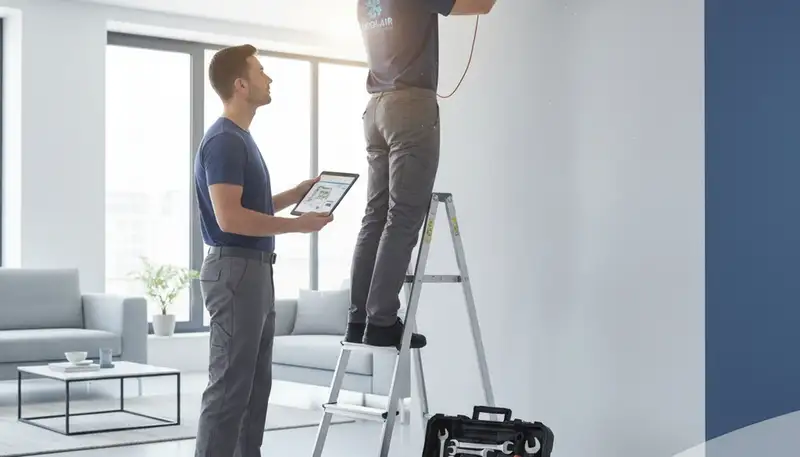 Technician performing professional AC repair service in Syracuse, NY home