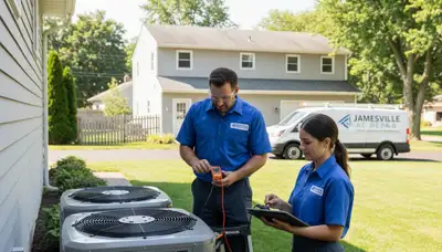 Professional AC repair technician servicing air conditioner unit in Syracuse NY home