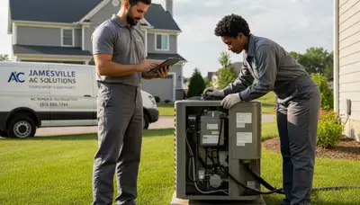 Professional AC repair technician servicing air conditioner unit in Syracuse NY home