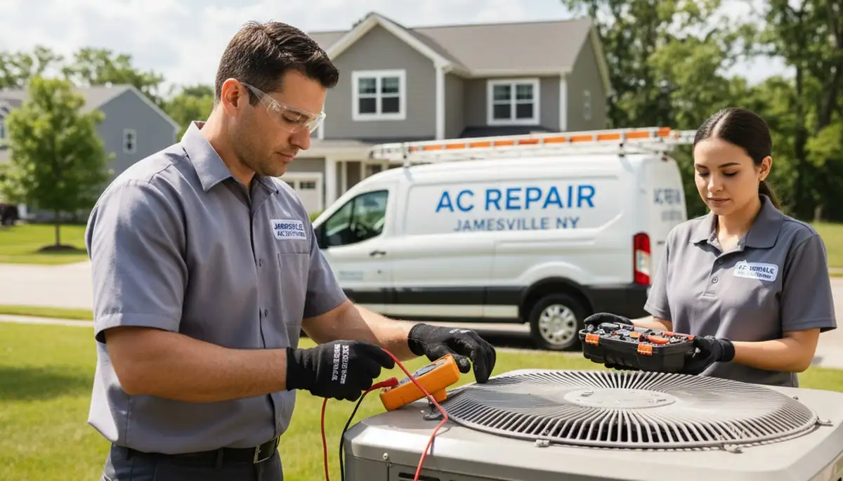 Professional AC repair technician servicing home air conditioner in Syracuse NY