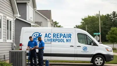 Professional AC repair technician servicing air conditioning unit in Syracuse NY home