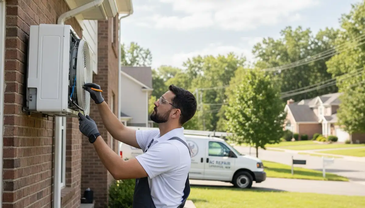 Professional AC repair technician servicing air conditioning unit in Syracuse, NY home