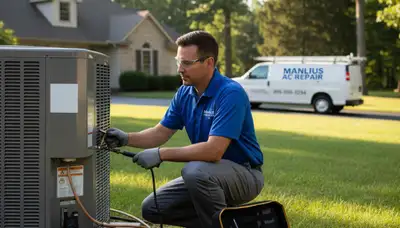 Professional AC repair technician servicing air conditioner unit in Syracuse, NY