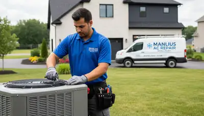 Professional AC repair technician servicing air conditioner in Syracuse NY home