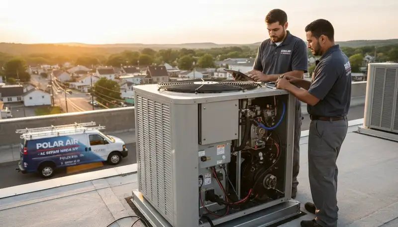 Professional AC repair technician servicing air conditioner unit in Syracuse NY home