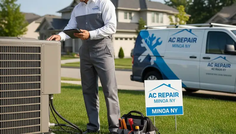 Professional AC repair technician servicing residential unit in Syracuse, NY