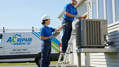 Professional AC repair technician servicing air conditioner unit in Syracuse NY home