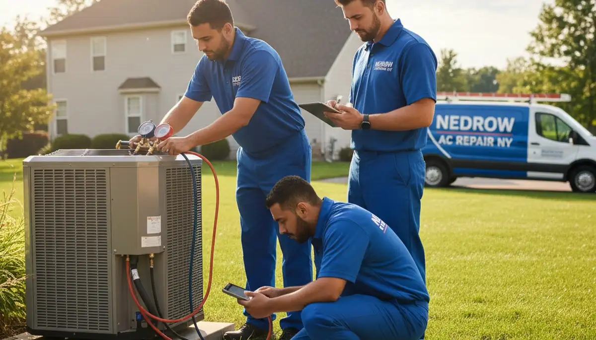 Professional AC repair technician servicing air conditioner unit in Syracuse NY home