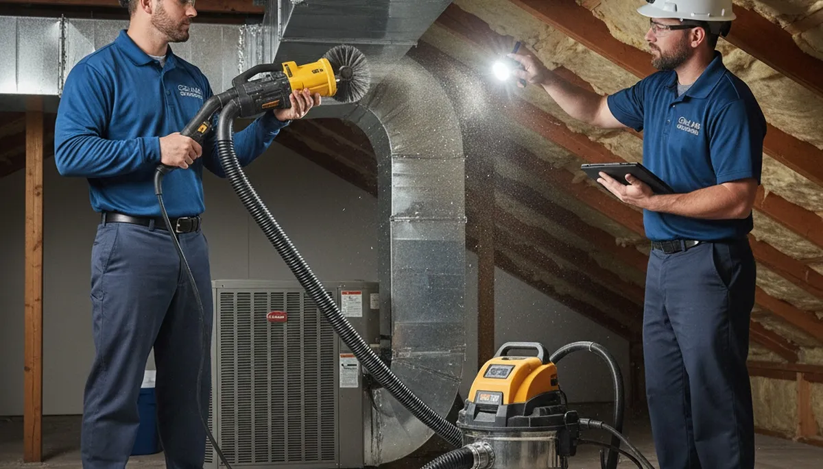 Technician cleaning air ducts for HVAC system in Syracuse, NY home by Five Star Cooling