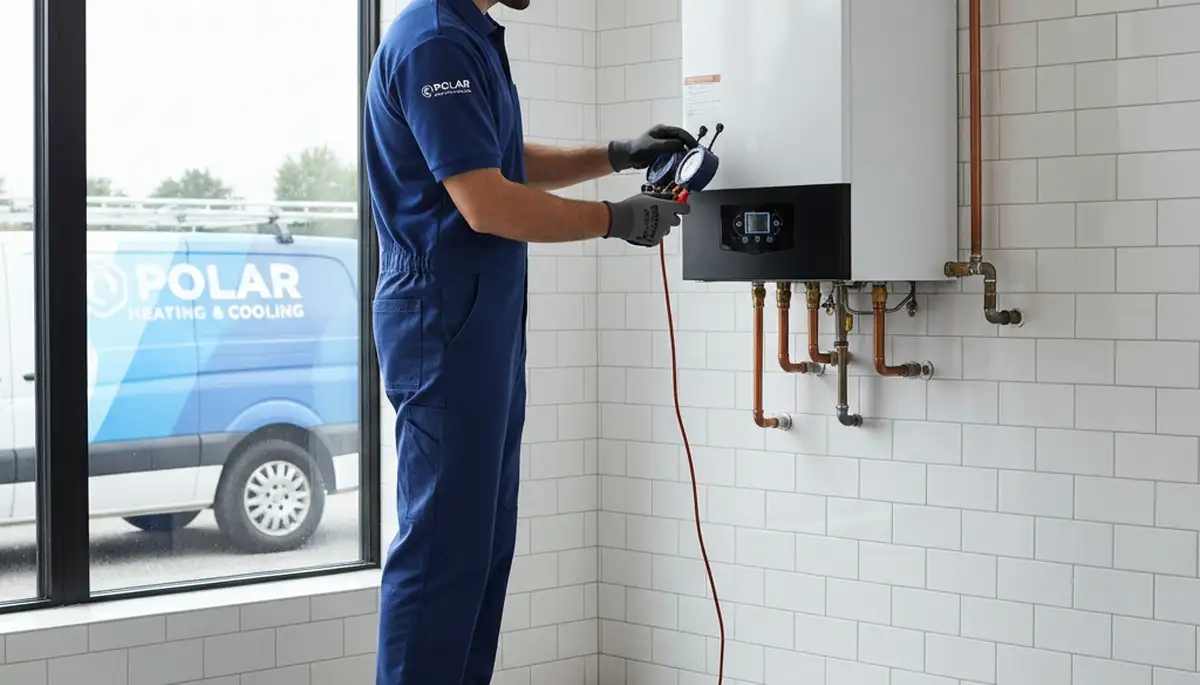 Technician performing boiler repair service in Syracuse, NY home for Five Star Cooling