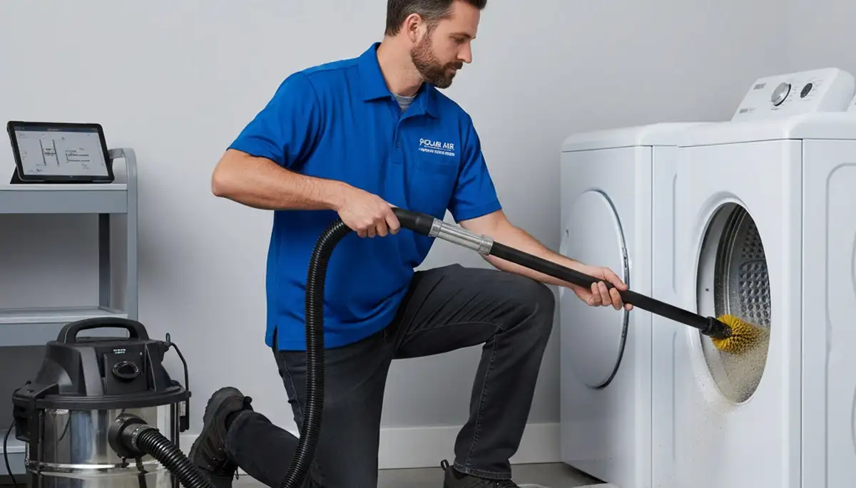 Technician cleaning dryer vent for improved airflow and safety in Syracuse, NY