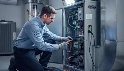Technician performing furnace repair in Syracuse NY home for Five Star Cooling heating service