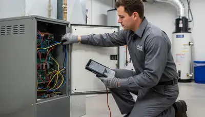 Technician performing furnace repair service in Syracuse NY home for Five Star Cooling
