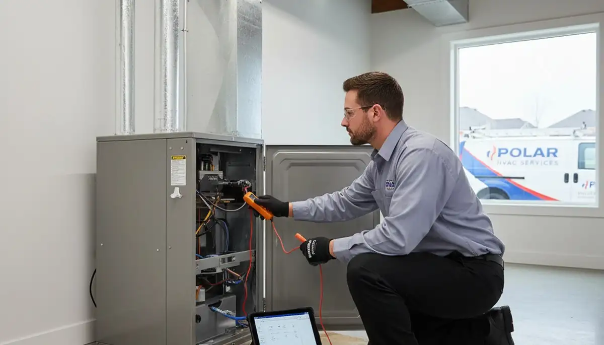 Technician performing furnace repair service in Syracuse, NY home for Five Star Cooling