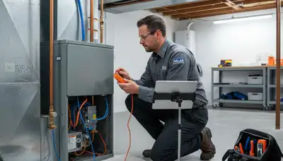 Technician fixing home furnace during heating repair service in Syracuse, NY