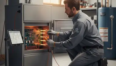Technician performing heating repair on furnace in Syracuse, NY home