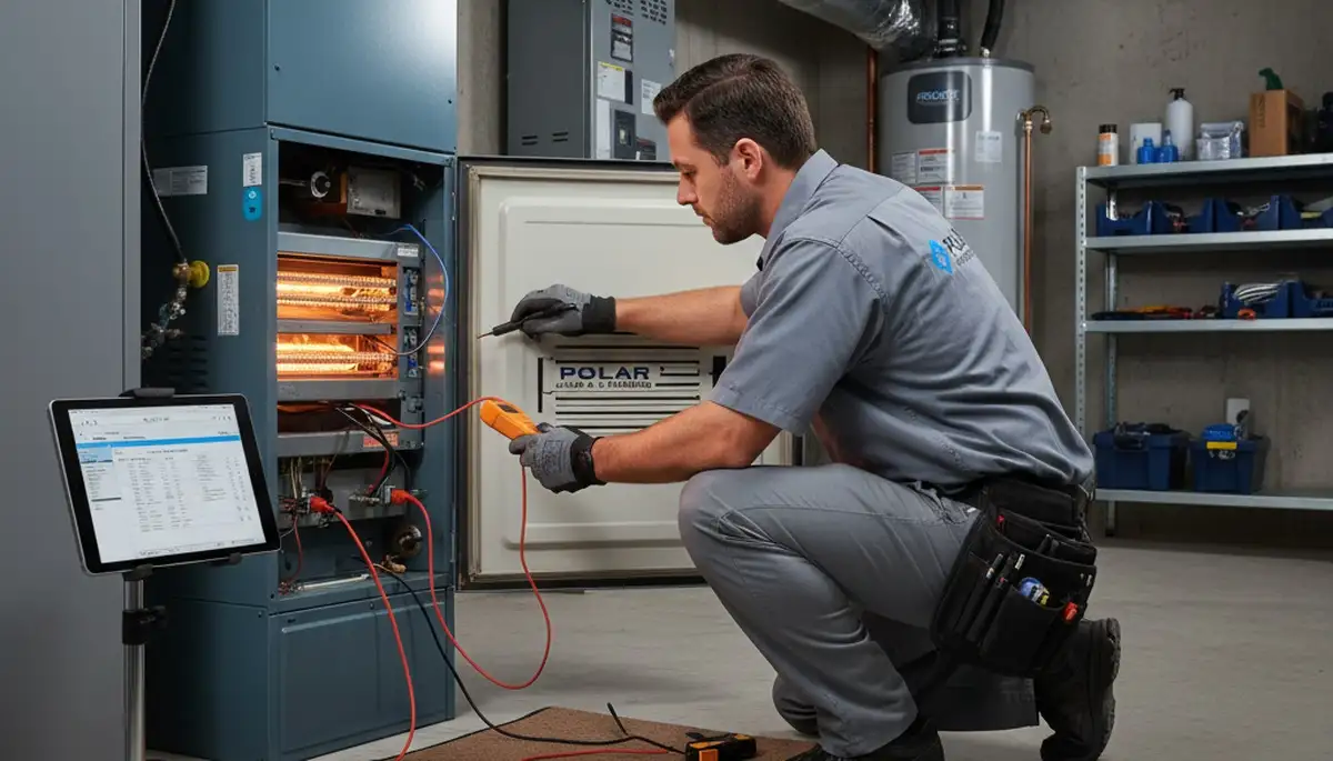 Technician performing heating repair on furnace in Syracuse, NY home for Five Star Cooling