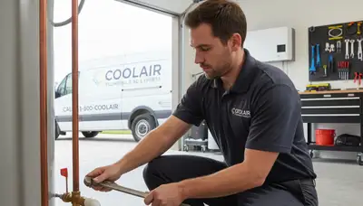Professional plumber performing pipe repair in Syracuse NY home by Five Star Cooling