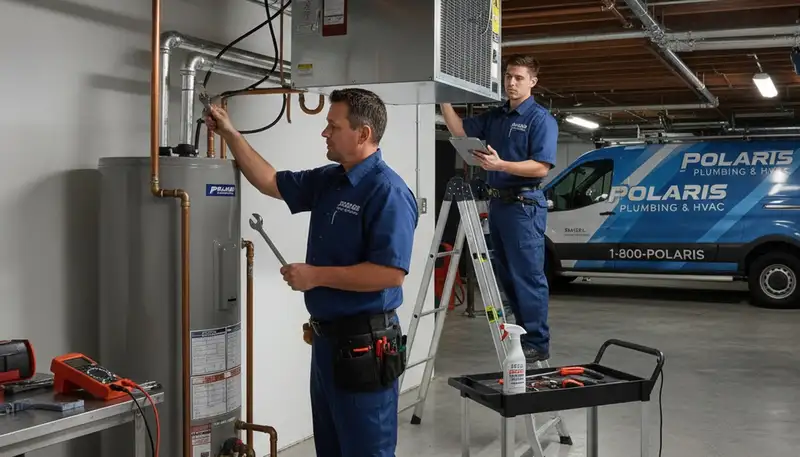 Technician repairing water heater unit in Syracuse NY home for Five Star Cooling