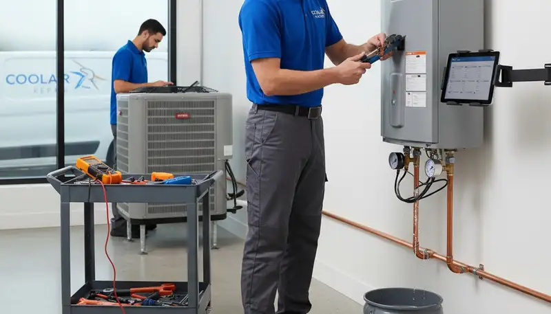 Technician repairing residential water heater in Syracuse NY for Five Star Cooling service