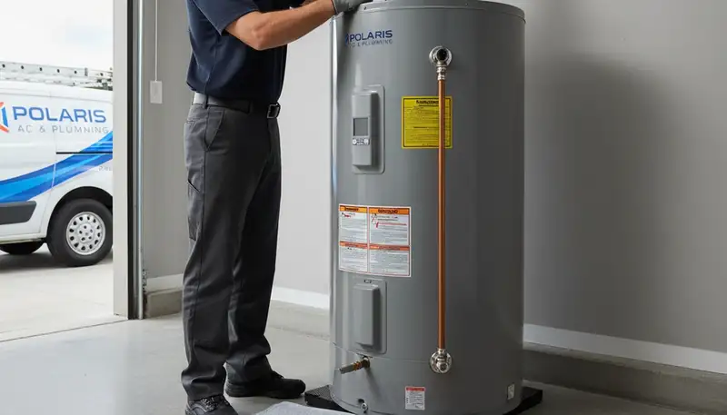 Technician repairing residential water heater in Syracuse NY for Five Star Cooling repair service